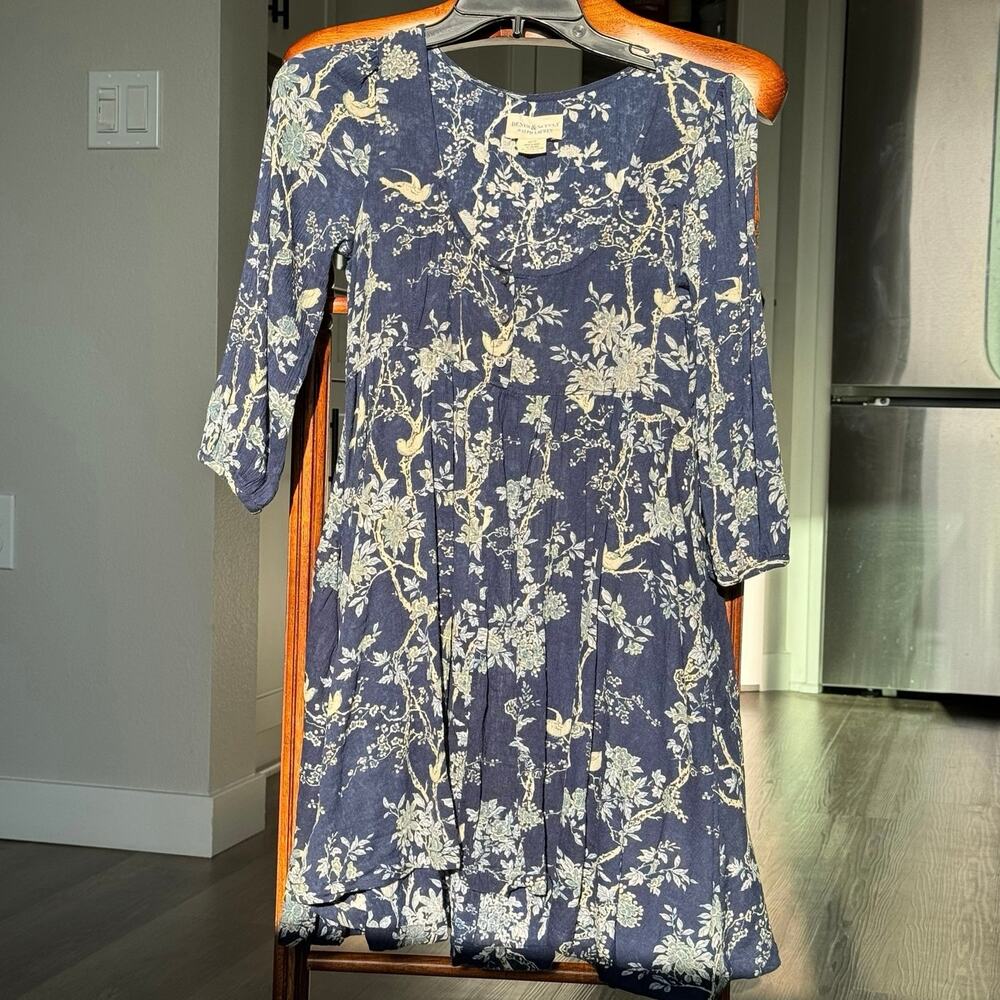 Denim & Supply Ralph Lauren Floral Bird Print Boho Babydoll Dress XS Blue Y2K